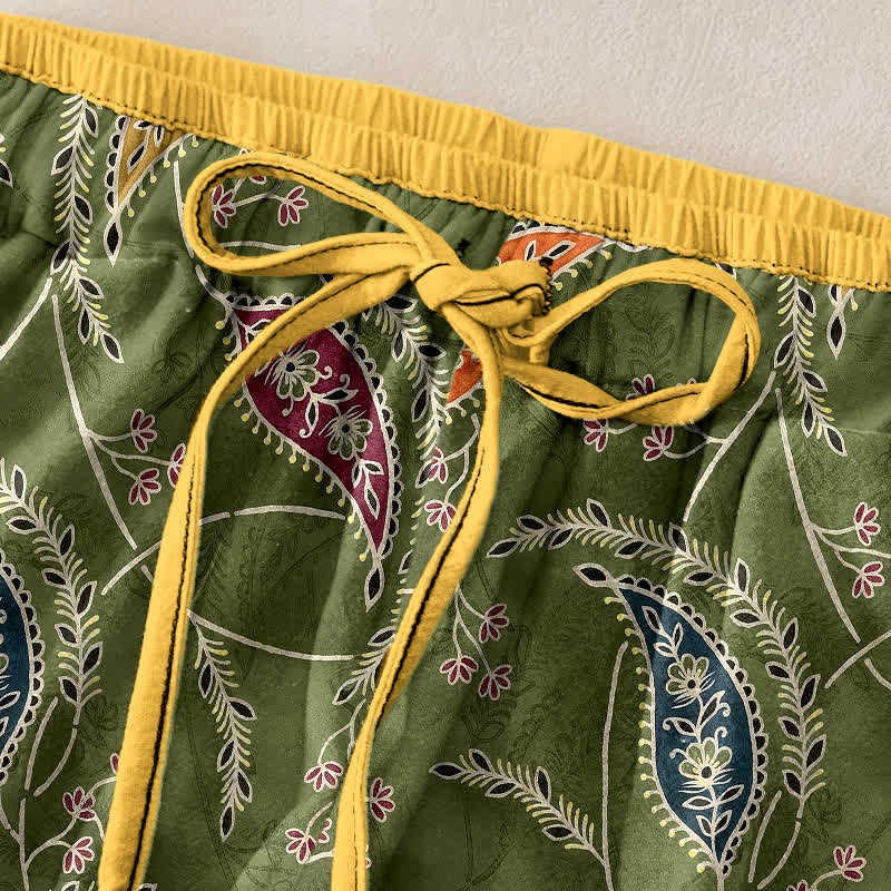 Buddha Stones Pure Cotton Ethnic Floral Paisley Pattern Women's Elastic Waist Pants With Pockets - image 1