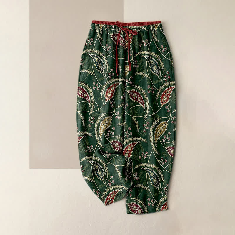 Buddha Stones Pure Cotton Ethnic Floral Paisley Pattern Women's Elastic Waist Pants With Pockets - DarkGreen - US16，UK/AU20，EU48 (3XL) - image 4