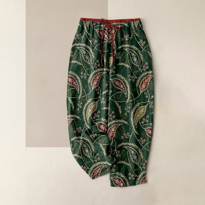 Buddha Stones Pure Cotton Ethnic Floral Paisley Pattern Women's Elastic Waist Pants With Pockets - DarkGreen - US16，UK/AU20，EU48 (3XL) - image 4