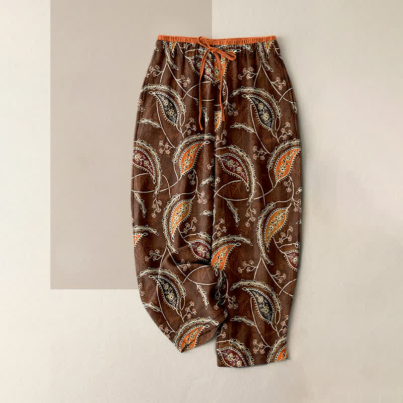 Buddha Stones Pure Cotton Ethnic Floral Paisley Pattern Women's Elastic Waist Pants With Pockets - SaddleBrown - US16，UK/AU20，EU48 (3XL) - image 5