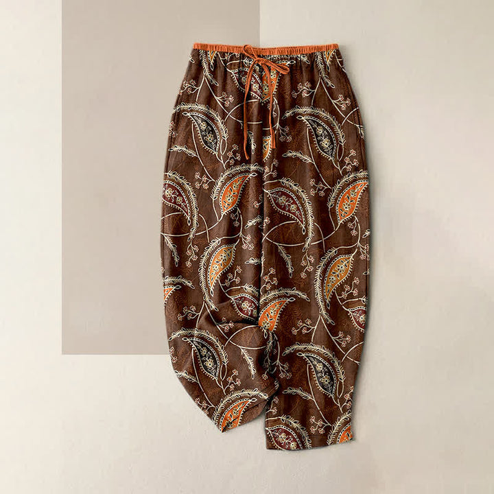 Buddha Stones Pure Cotton Ethnic Floral Paisley Pattern Women's Elastic Waist Pants With Pockets - SaddleBrown - US16，UK/AU20，EU48 (3XL) - image 5