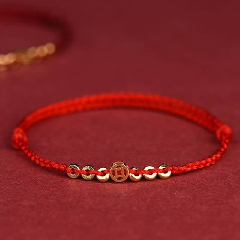 Buddha Stones Braided Red String Round Chinese Coin Good Fortune Bracelet - Red (Wrist Circumference: 6.3–7.5 in/16–19 cm) - image 0