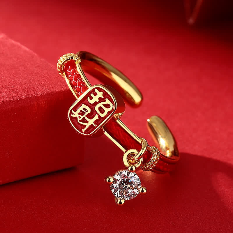 Buddha Stones Copper Alloy Red String Lucky Wealth Charm Ring - image 1