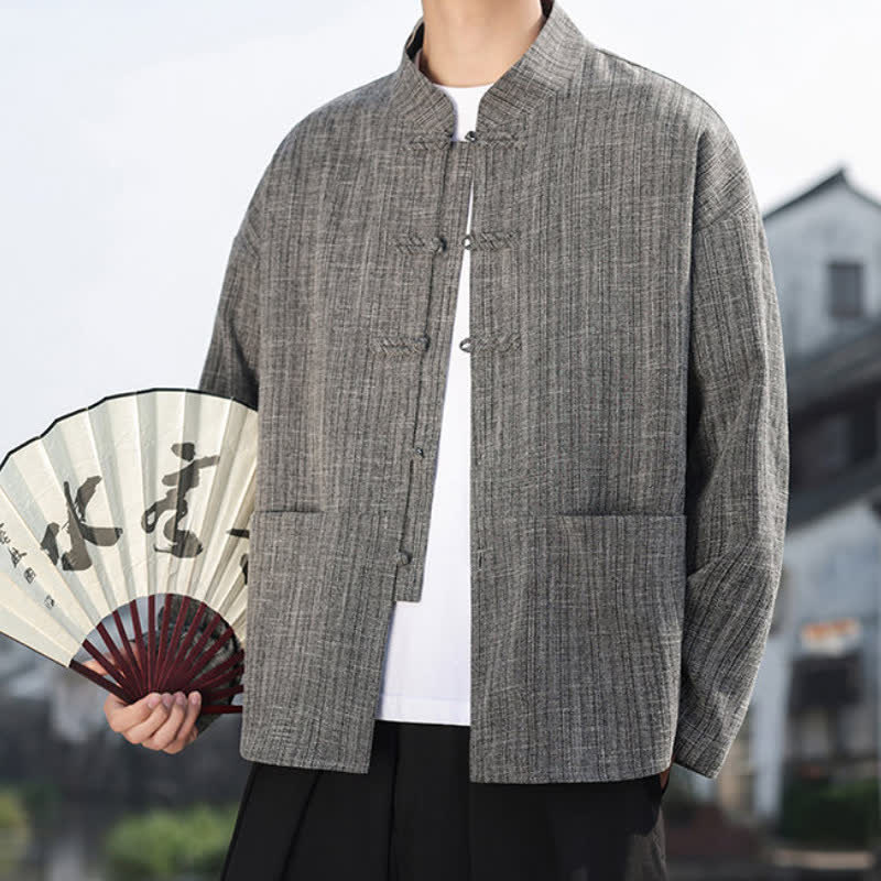 Buddha Stones Fall Winter Tang Style Casual Frog Button Solid Men's Jacket With Pockets - image 7