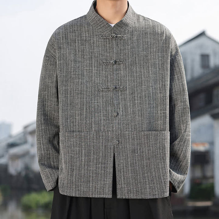 Buddha Stones Fall Winter Tang Style Casual Frog Button Solid Men's Jacket With Pockets - image 5
