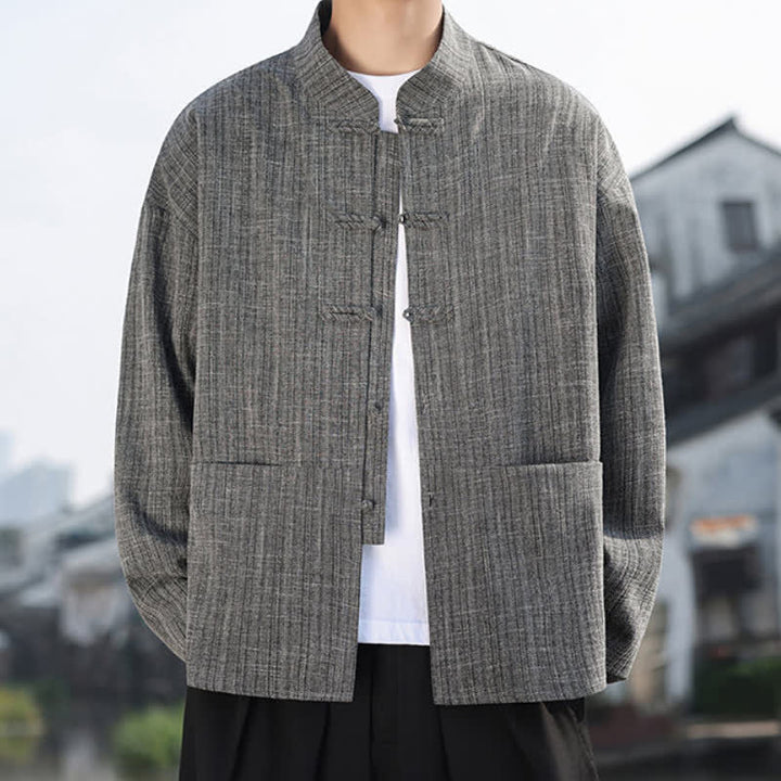 Buddha Stones Fall Winter Tang Style Casual Frog Button Solid Men's Jacket With Pockets - image 1