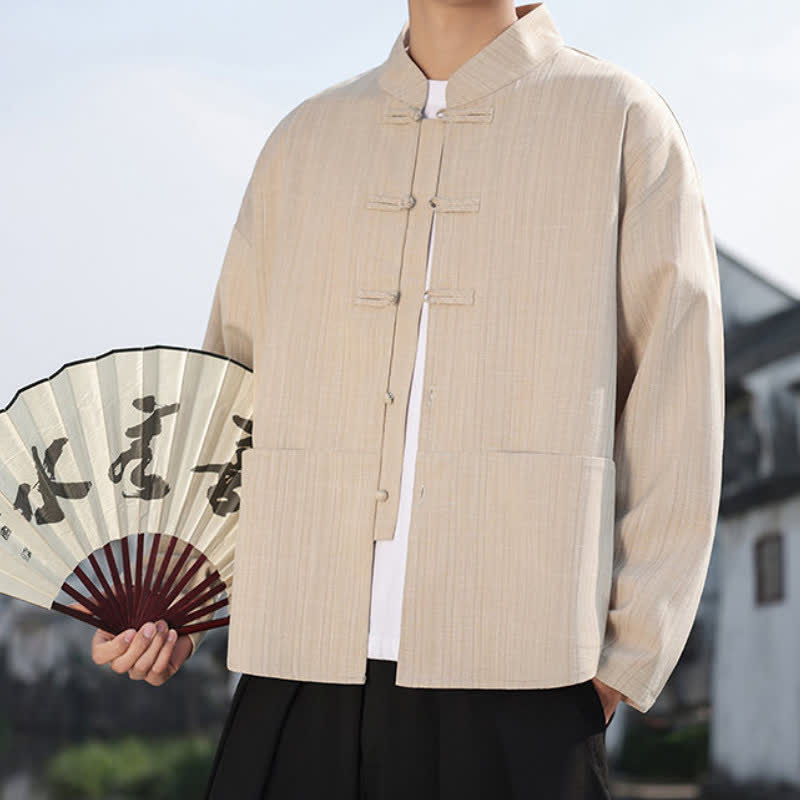 Buddha Stones Fall Winter Tang Style Casual Frog Button Solid Men's Jacket With Pockets - image 13