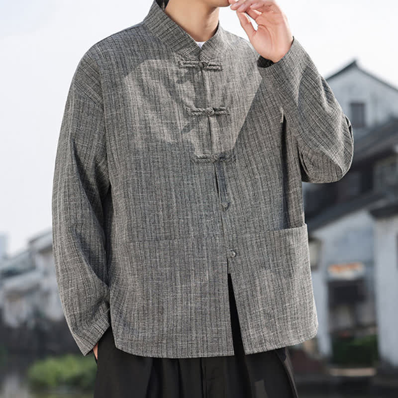 Buddha Stones Fall Winter Tang Style Casual Frog Button Solid Men's Jacket With Pockets - image 6