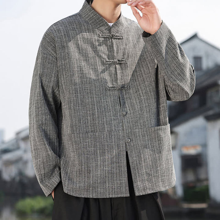 Buddha Stones Fall Winter Tang Style Casual Frog Button Solid Men's Jacket With Pockets - image 6