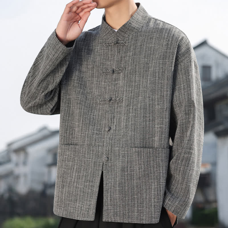 Buddha Stones Fall Winter Tang Style Casual Frog Button Solid Men's Jacket With Pockets - Gray - US/UK/AU46，EU56 (5XL) - image 0