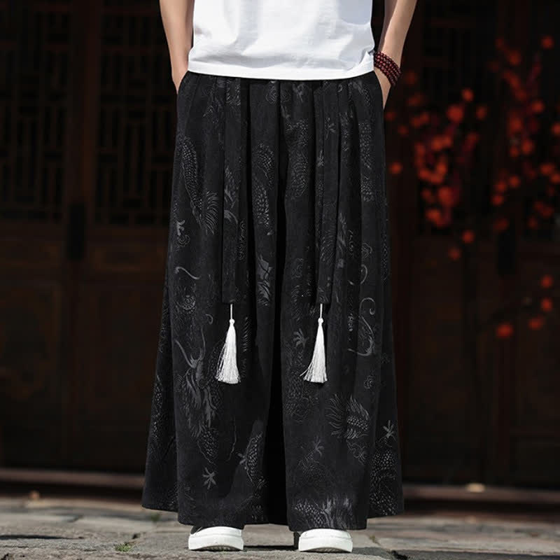 Buddha Stones Fall Winter Vintage Drawstring Dragon Ankle Pants Men's Wide Leg Pants With Pockets - Black - US/UK/AU46，EU56 (5XL) - image 9