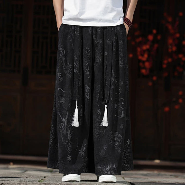 Buddha Stones Fall Winter Vintage Drawstring Dragon Ankle Pants Men's Wide Leg Pants With Pockets - Black - US/UK/AU46，EU56 (5XL) - image 9