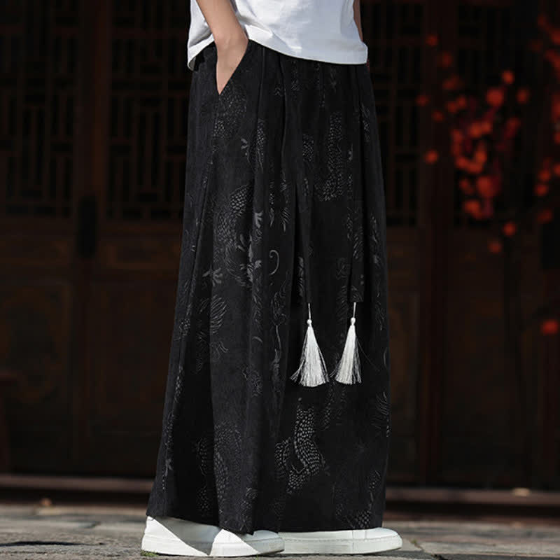 Buddha Stones Fall Winter Vintage Drawstring Dragon Ankle Pants Men's Wide Leg Pants With Pockets - image 12