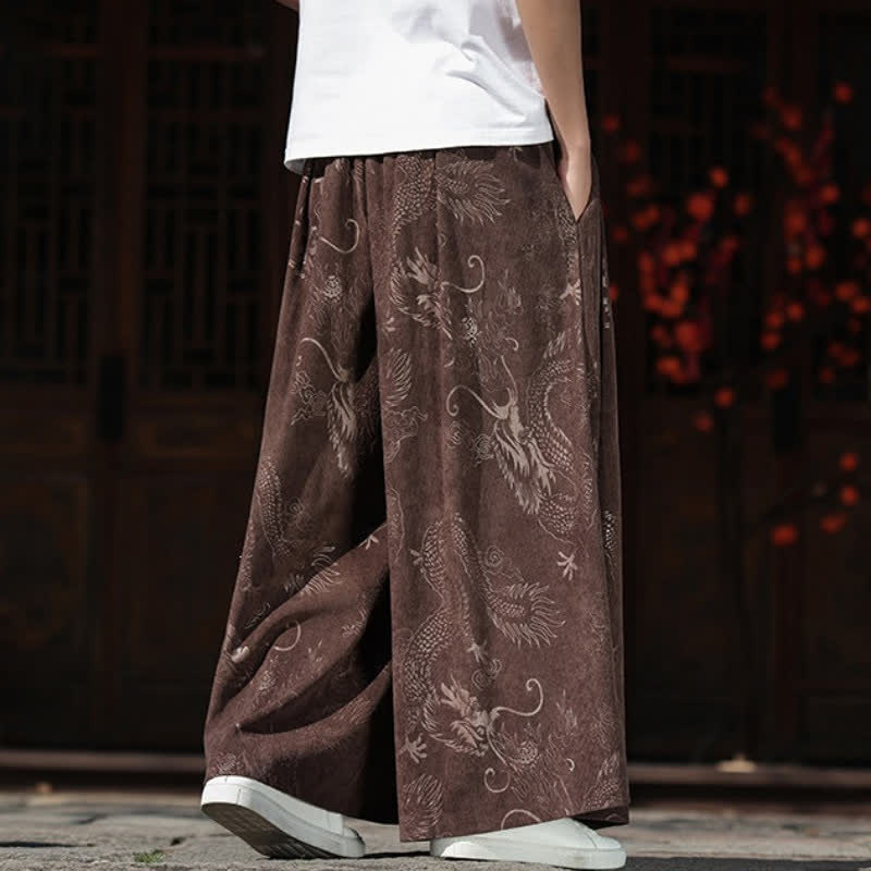 Buddha Stones Fall Winter Vintage Drawstring Dragon Ankle Pants Men's Wide Leg Pants With Pockets - image 4