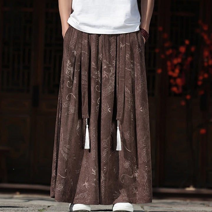 Buddha Stones Fall Winter Vintage Drawstring Dragon Ankle Pants Men's Wide Leg Pants With Pockets - image 1