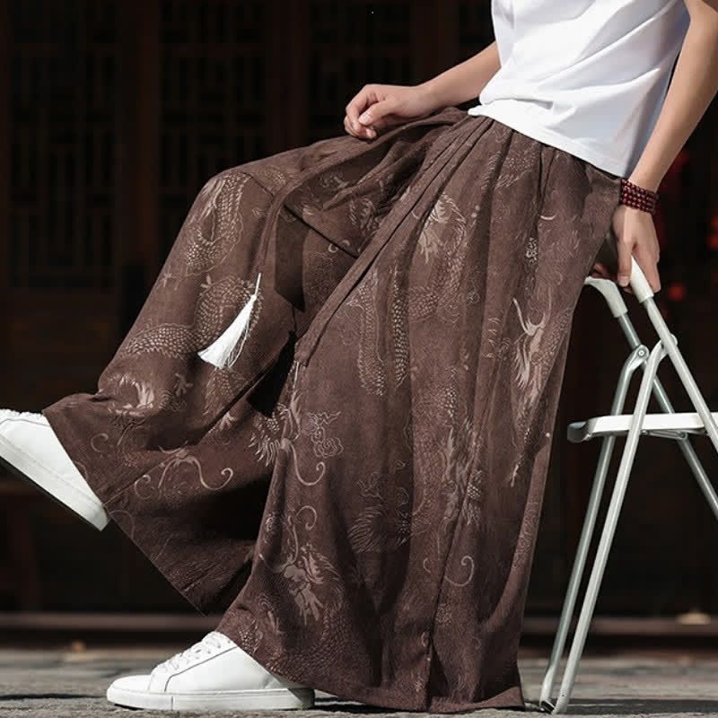 Buddha Stones Fall Winter Vintage Drawstring Dragon Ankle Pants Men's Wide Leg Pants With Pockets - image 8