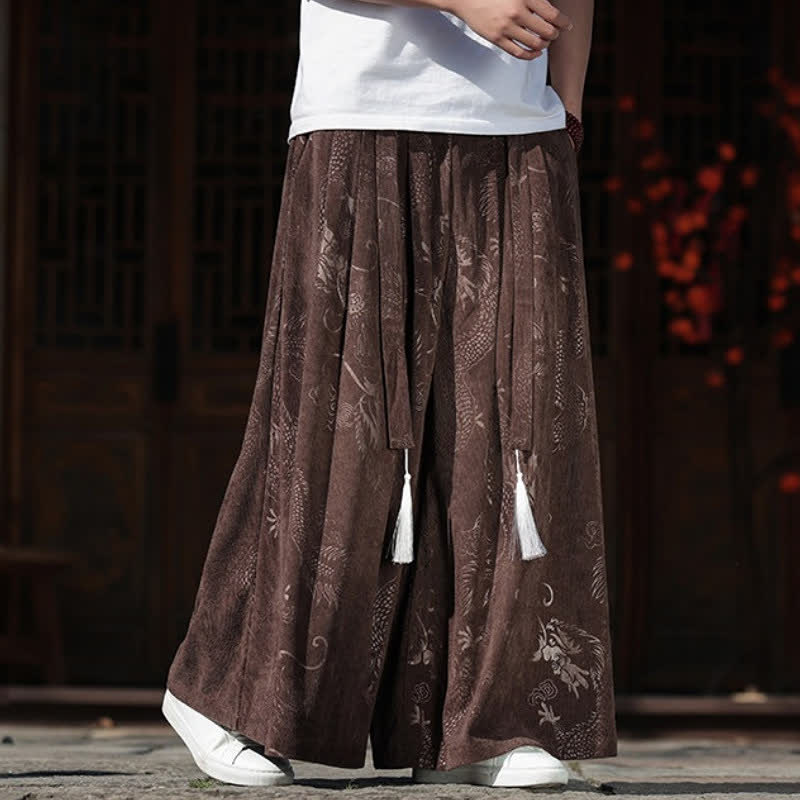 Buddha Stones Fall Winter Vintage Drawstring Dragon Ankle Pants Men's Wide Leg Pants With Pockets - image 3