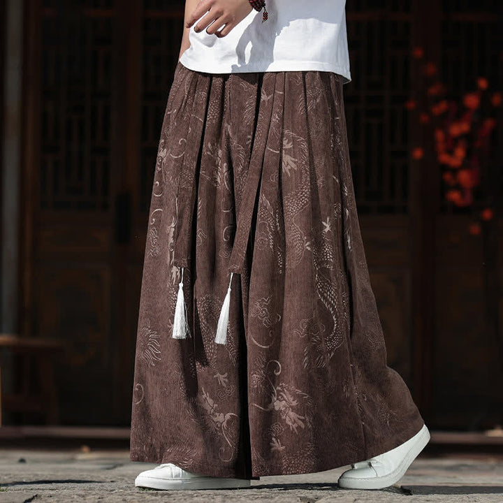 Buddha Stones Fall Winter Vintage Drawstring Dragon Ankle Pants Men's Wide Leg Pants With Pockets - SaddleBrown - US/UK/AU46，EU56 (5XL) - image 0