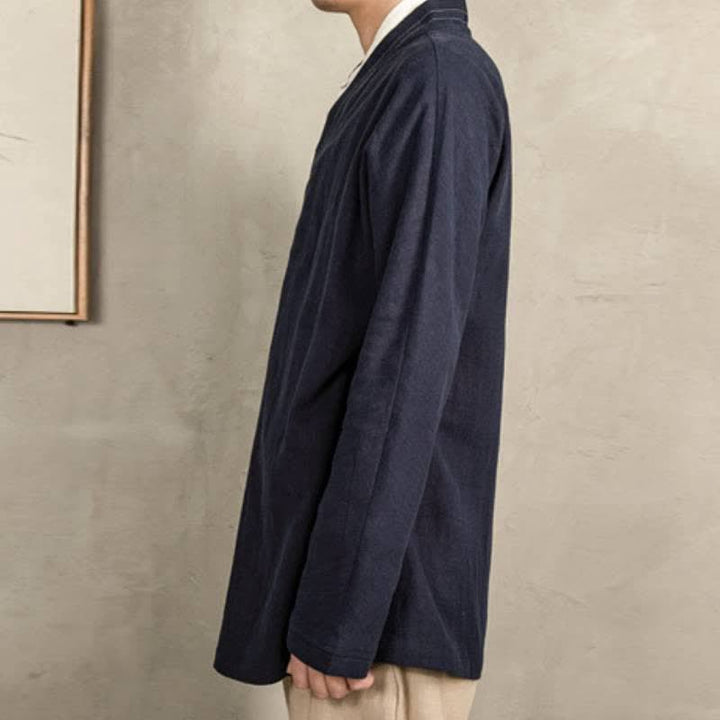 Buddha Stones Fall Tang Style Vintage Drawstring Solid Ramie Men's Kimonos - image 5