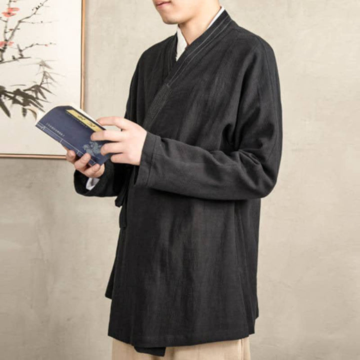 Buddha Stones Fall Tang Style Vintage Drawstring Solid Ramie Men's Kimonos - image 14