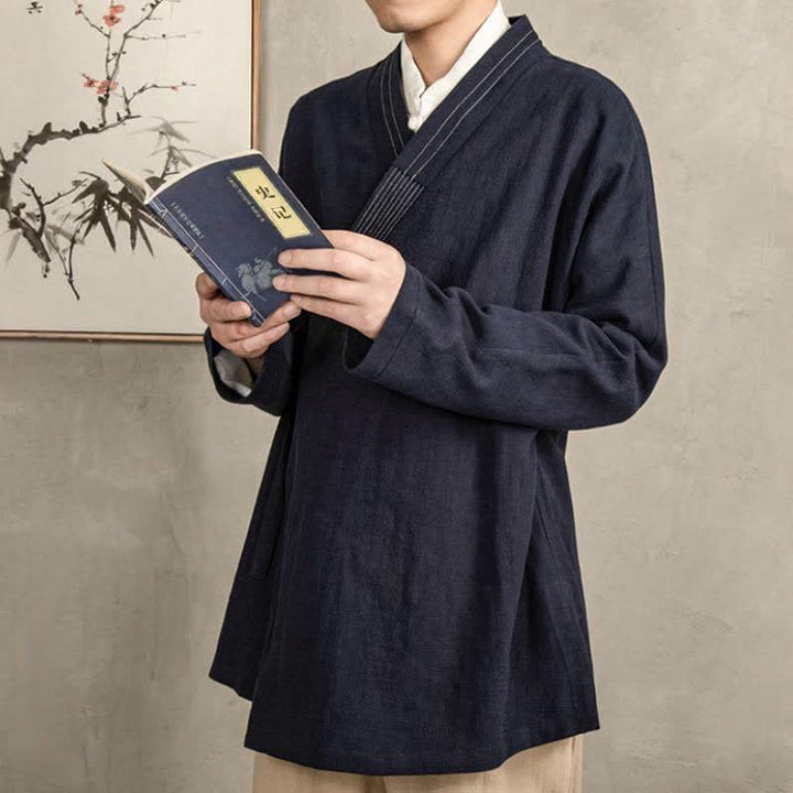 Buddha Stones Fall Tang Style Vintage Drawstring Solid Ramie Men's Kimonos - image 4