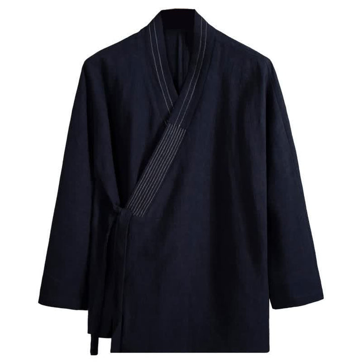 Buddha Stones Fall Tang Style Vintage Drawstring Solid Ramie Men's Kimonos - image 3
