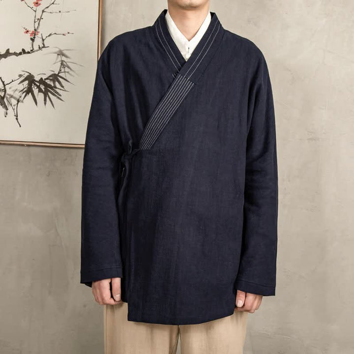 Buddha Stones Fall Tang Style Vintage Drawstring Solid Ramie Men's Kimonos - Black - US/UK/AU44，EU54 (4XL) - image 2