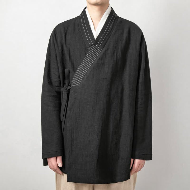 Buddha Stones Fall Tang Style Vintage Drawstring Solid Ramie Men's Kimonos - image 10
