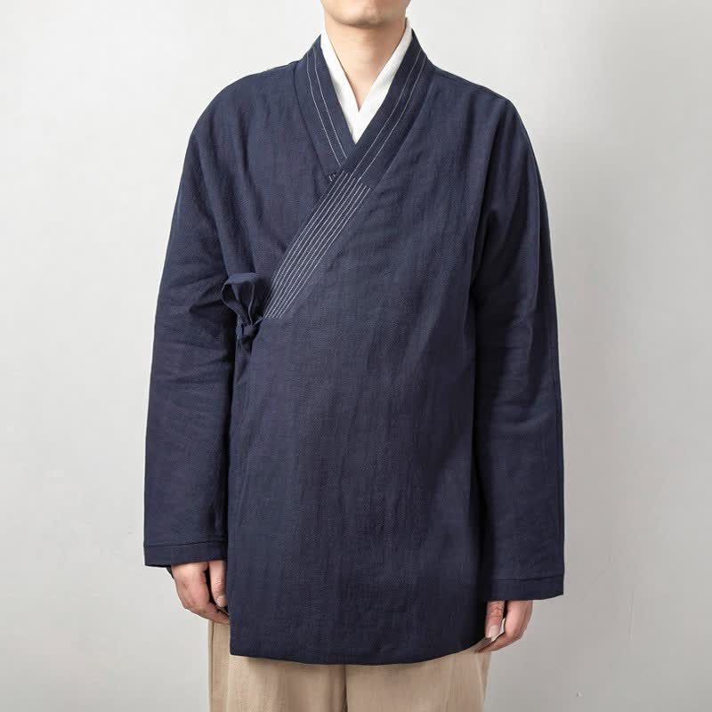 Buddha Stones Fall Tang Style Vintage Drawstring Solid Ramie Men's Kimonos - Navy - US/UK/AU44，EU54 (4XL) - image 1