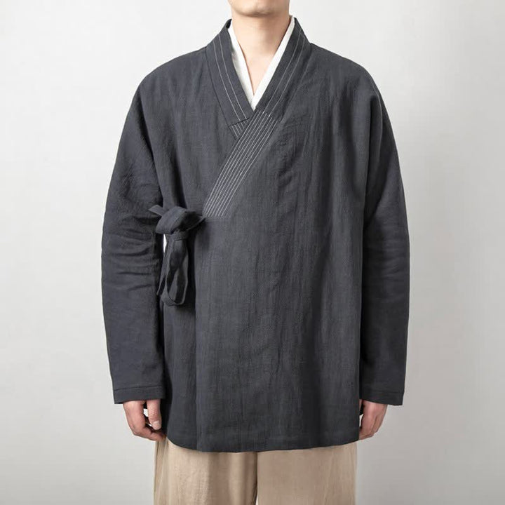 Buddha Stones Fall Tang Style Vintage Drawstring Solid Ramie Men's Kimonos - LightSlateGray - US/UK/AU44，EU54 (4XL) - image 0