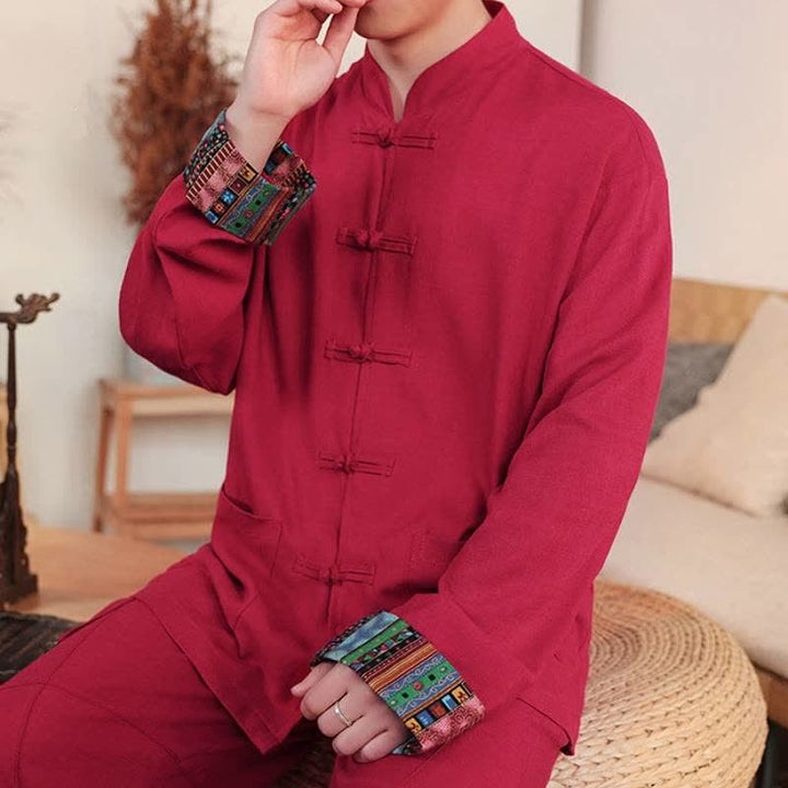 Buddha Stones Fall Tang Style Casual Frog Button Solid Cotton Linen Men's Long Sleeve Shirts With Pocket - image 11