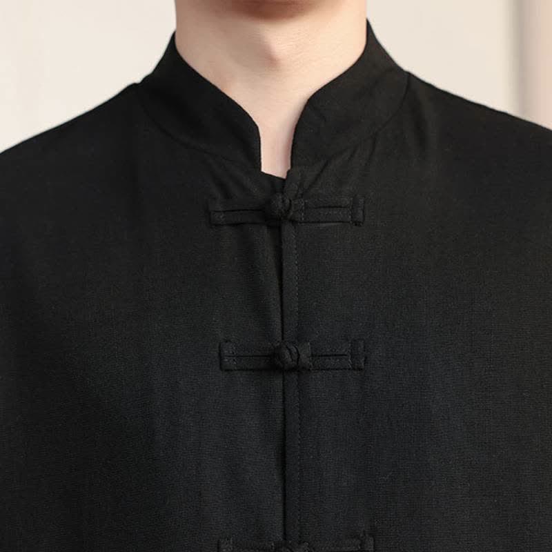 Buddha Stones Fall Tang Style Casual Frog Button Solid Cotton Linen Men's Long Sleeve Shirts With Pocket - image 4