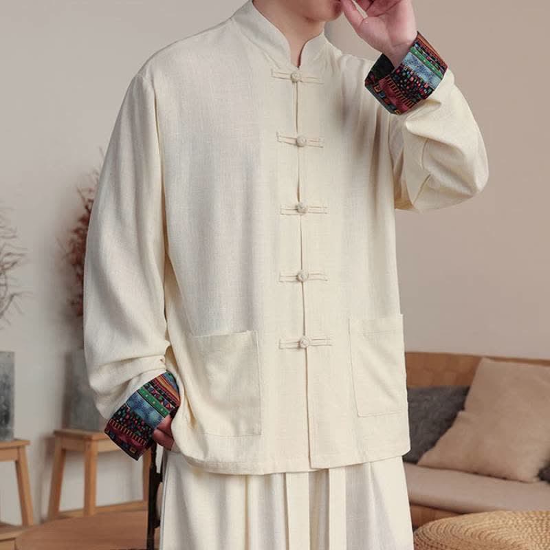 Buddha Stones Fall Tang Style Casual Frog Button Solid Cotton Linen Men's Long Sleeve Shirts With Pocket - image 13