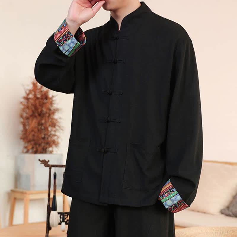 Buddha Stones Fall Tang Style Casual Frog Button Solid Cotton Linen Men's Long Sleeve Shirts With Pocket - image 2