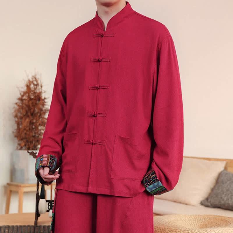 Buddha Stones Fall Tang Style Casual Frog Button Solid Cotton Linen Men's Long Sleeve Shirts With Pocket - image 10