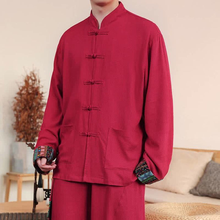 Buddha Stones Fall Tang Style Casual Frog Button Solid Cotton Linen Men's Long Sleeve Shirts With Pocket - image 10