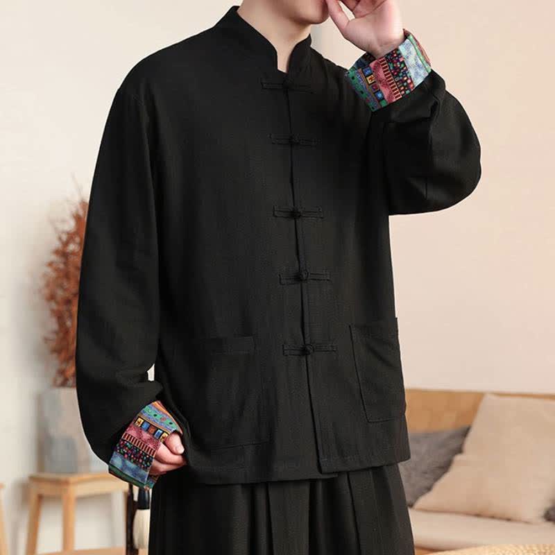 Buddha Stones Fall Tang Style Casual Frog Button Solid Cotton Linen Men's Long Sleeve Shirts With Pocket - image 1