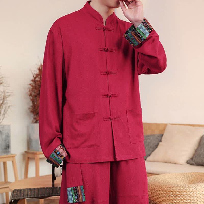 Buddha Stones Fall Tang Style Casual Frog Button Solid Cotton Linen Men's Long Sleeve Shirts With Pocket - image 9