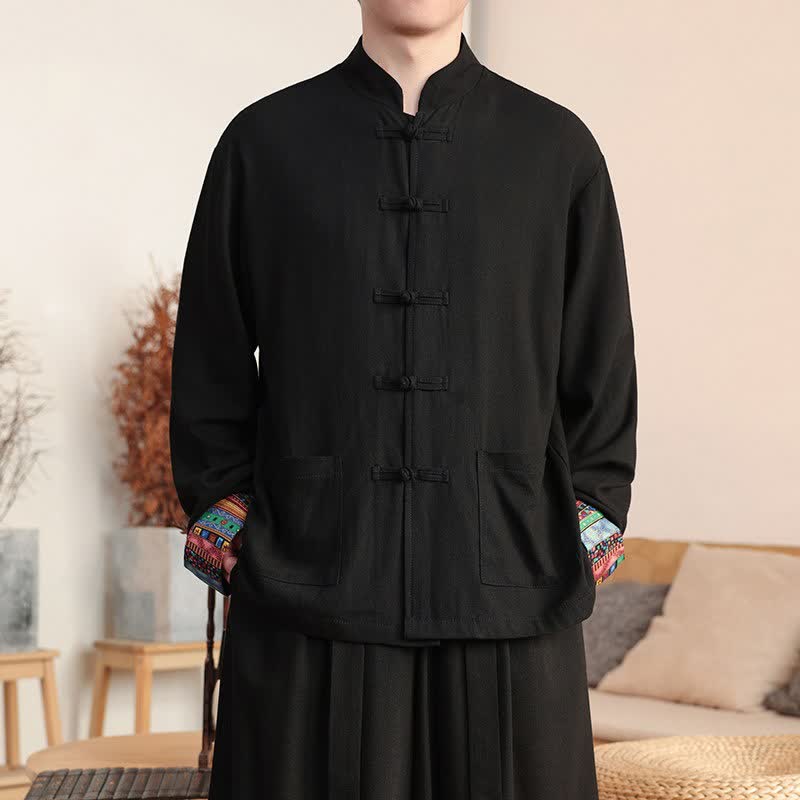 Buddha Stones Fall Tang Style Casual Frog Button Solid Cotton Linen Men's Long Sleeve Shirts With Pocket - Black - US/UK/AU46，EU56 (5XL) - image 0