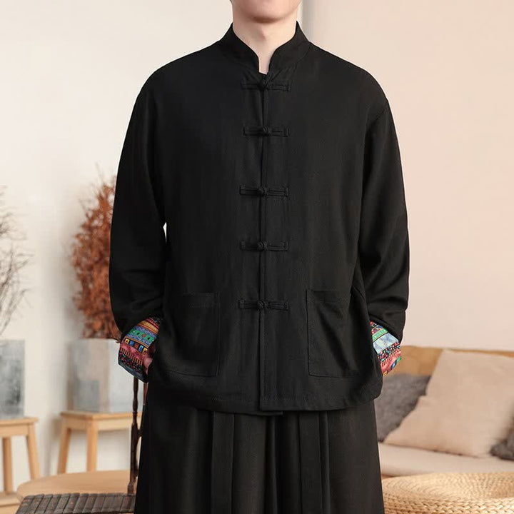 Buddha Stones Fall Tang Style Casual Frog Button Solid Cotton Linen Men's Long Sleeve Shirts With Pocket - Black - US/UK/AU46，EU56 (5XL) - image 0
