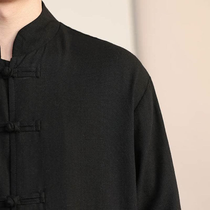 Buddha Stones Fall Tang Style Casual Frog Button Solid Cotton Linen Men's Long Sleeve Shirts With Pocket - image 5