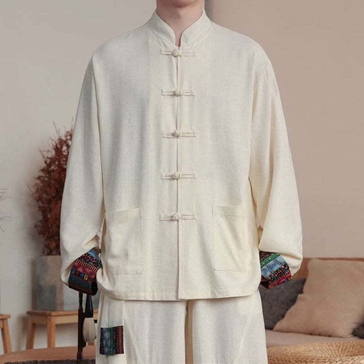 Buddha Stones Fall Tang Style Casual Frog Button Solid Cotton Linen Men's Long Sleeve Shirts With Pocket - AntiqueWhite - US/UK/AU46，EU56 (5XL) - image 12