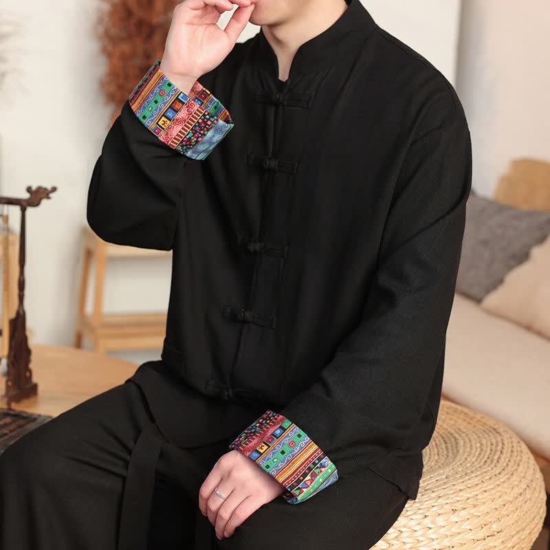 Buddha Stones Fall Tang Style Casual Frog Button Solid Cotton Linen Men's Long Sleeve Shirts With Pocket - image 3