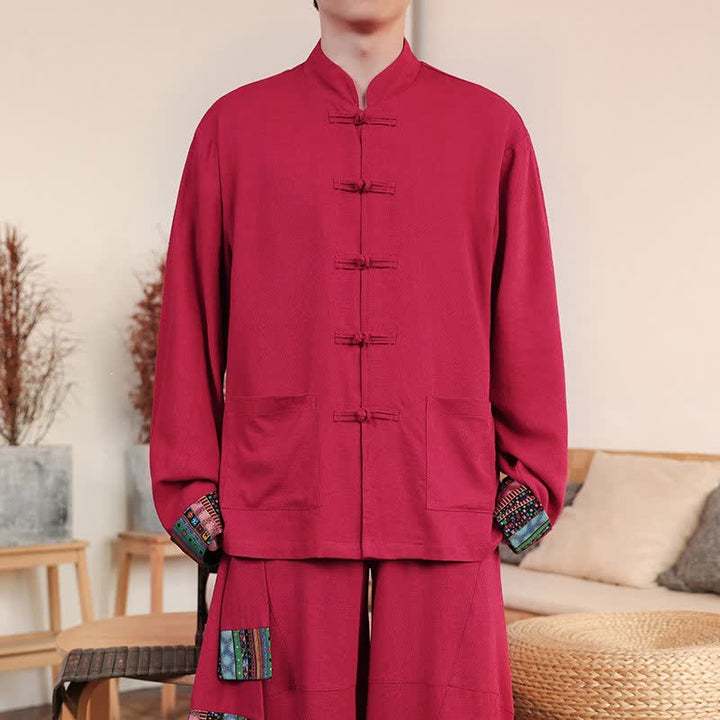 Buddha Stones Fall Tang Style Casual Frog Button Solid Cotton Linen Men's Long Sleeve Shirts With Pocket - Crimson - US/UK/AU46，EU56 (5XL) - image 8