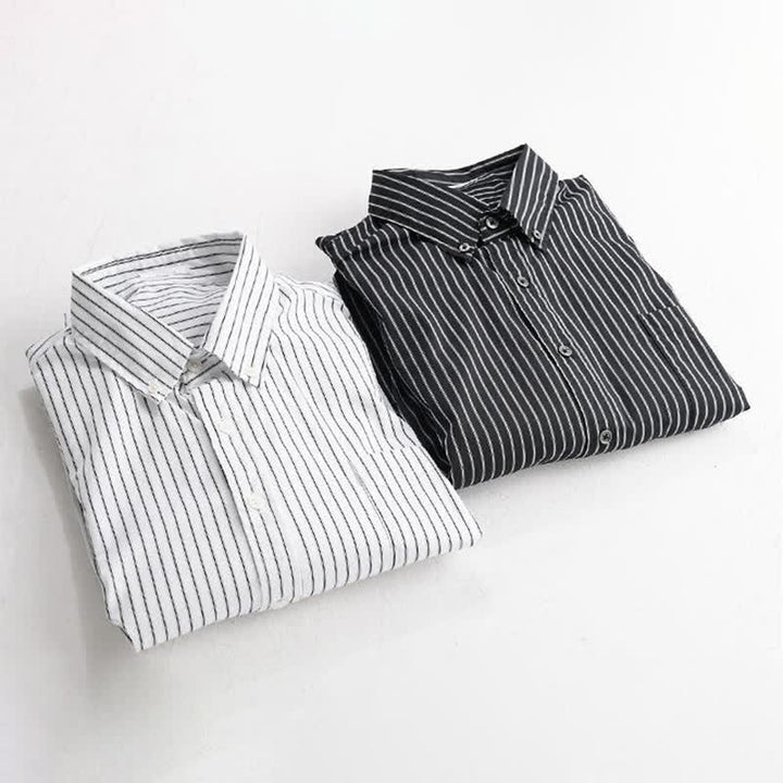 Buddha Stones Spring Fall Casual Button-Up Striped Cotton Men's Long Sleeve Shirts With Pocket - image 14