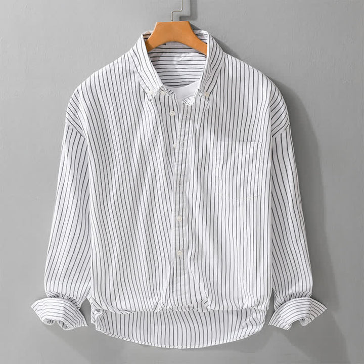 Buddha Stones Spring Fall Casual Button-Up Striped Cotton Men's Long Sleeve Shirts With Pocket - White - US/UK/AU42，EU52 (3XL) - image 5