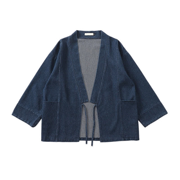 Buddha Stones Fall Casual Minimalist Drawstring Solid Cotton Linen Men's Kimonos With Pocket - image 3