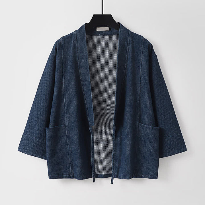 Buddha Stones Fall Casual Minimalist Drawstring Solid Cotton Linen Men's Kimonos With Pocket - Navy - US/UK/AU54，EU64 (9XL) - image 0