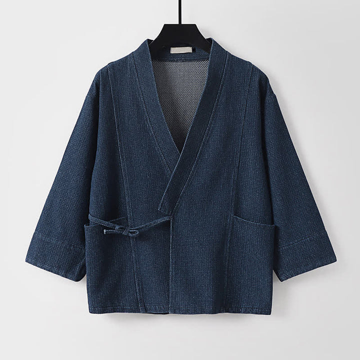 Buddha Stones Fall Casual Minimalist Drawstring Solid Cotton Linen Men's Kimonos With Pocket - image 1