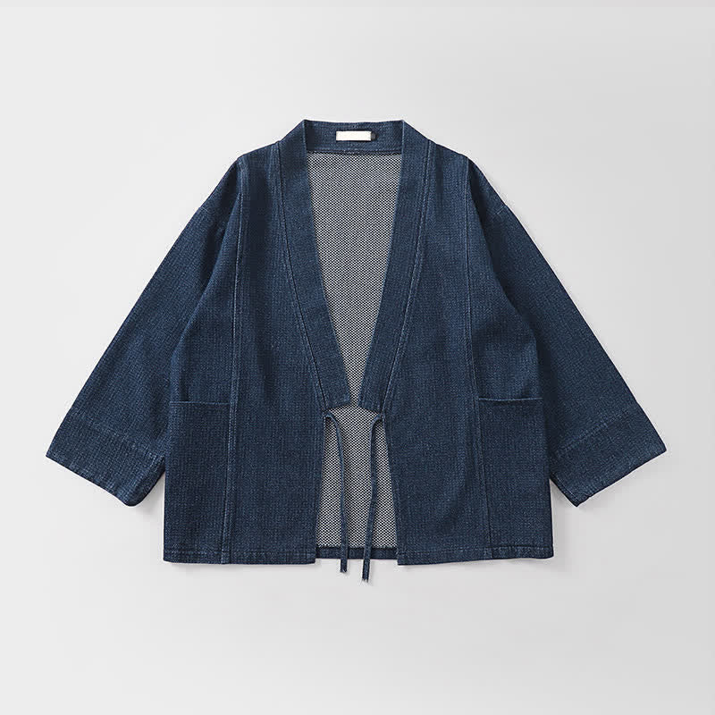 Buddha Stones Fall Casual Minimalist Drawstring Solid Cotton Linen Men's Kimonos With Pocket - image 2